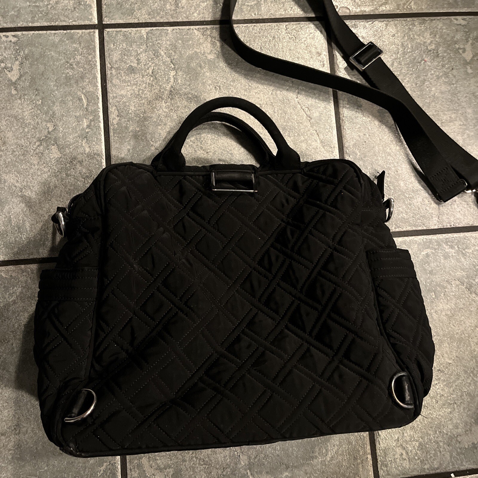 Vera Bradley Large Quilted Black Microfiber Tote Travel Bag Zipper Top