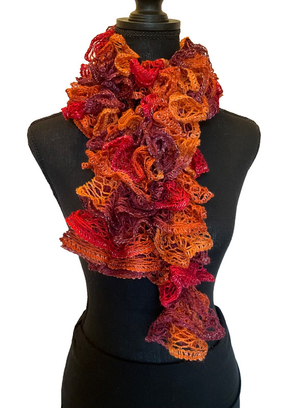 Ob.D. Handmade, Hand Knit Autumn Leaves Ruffle Dress Scarf w/Metallic Sparkle