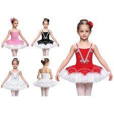 Kids Girls Rhinestone Trim Performance Tutu Dress Competition Built-in Briefs
