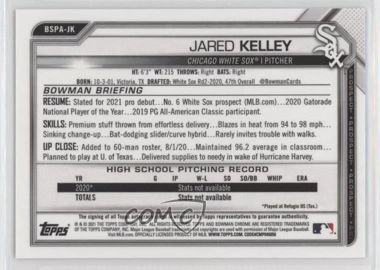 2021 Bowman Sapphire Edition Green Refractor /50 Jared Kelley #BSPA-JK Auto - Image 2 of 2