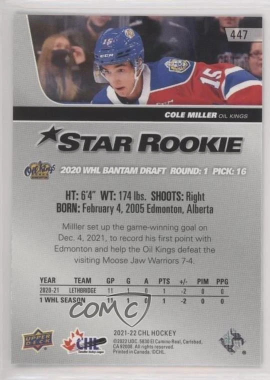 2021-22 Upper Deck CHL 2020-21 CHL Star Rookies Cole Miller #447 - Image 2 of 2