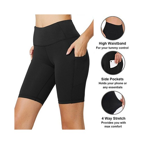 Black Bermuda Shorts for Women with Pockets Bikers Shorts Yoga Shorts Thigh Le - Picture 1 of 17