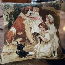 Vtg Hand-Stitched 100% Wool Needlepoint Pillow Victorian Girls Saint Bernard 20"