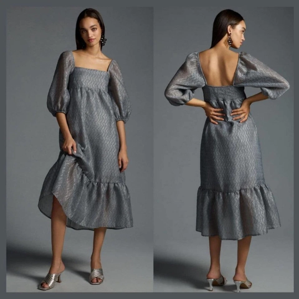 Nuevo con etiquetas Vestido Anthropologie Midi Brillante Nuevo Talla XL Gris Manga Abullonada Volantes Dobladillo