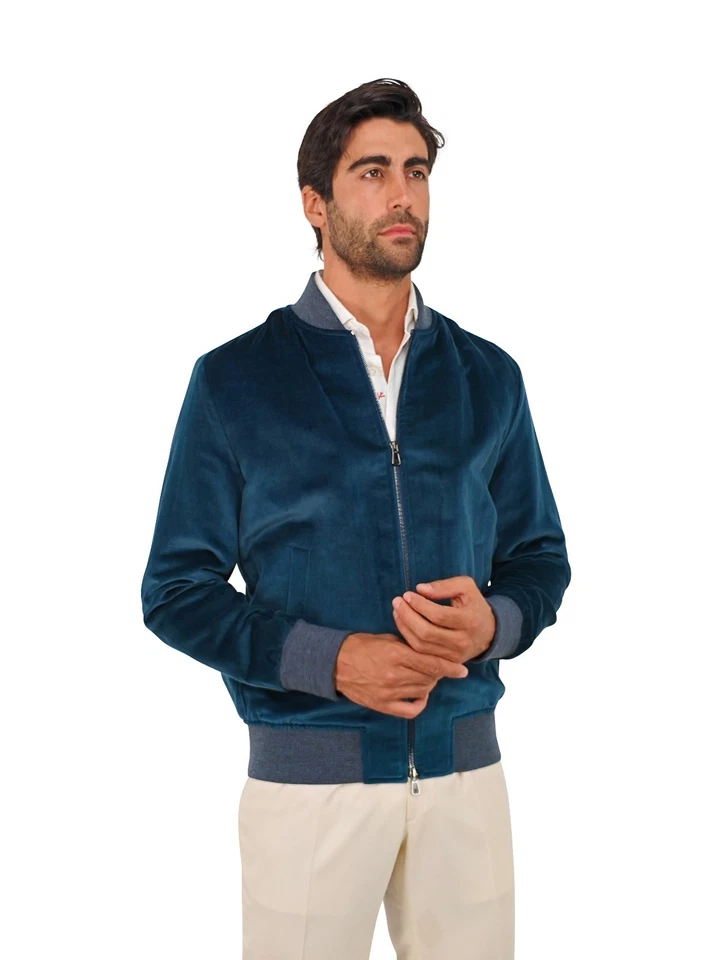 $3800 ISAIA NAPOLI Petrol Blue Bomber Jacket Velvet Cotton / Linen 38 US / 48 EU - Image 2 of 4