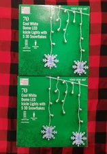 2 X Home Accents Holiday 70 Cool White LED Icicle Lights With "5" 3D Snowflakes