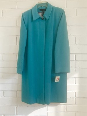 NWT Apostrophe Wool Coat Womens 12 Aqua Blue Hidden Button Mid Length Classic