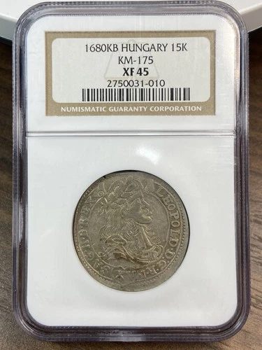 1680 KB__ 15 Krajczar, Silver__ Hungary__Leopold, Thaler, Foreign Coin, NGC