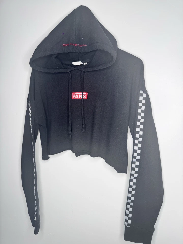 Sudadera con capucha Vans corta negra a cuadros para mujer talla pequeña Foto 3 de 4