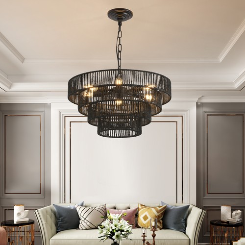 20'' Black Boho Pendant Rattan Ceiling Chandelier Light Kitchen Bedroom Fixture - Picture 6 of 8
