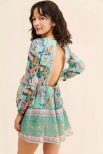 Raga Botanic Enchantment Long Sleeve Mini Dress in Green Metallic Floral Size M