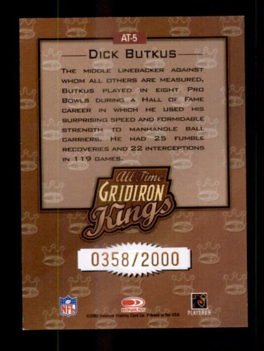 2002 Donruss All-Time Gridiron Kings #AT5 Dick Butkus 0358/2000 - Image 2 of 2