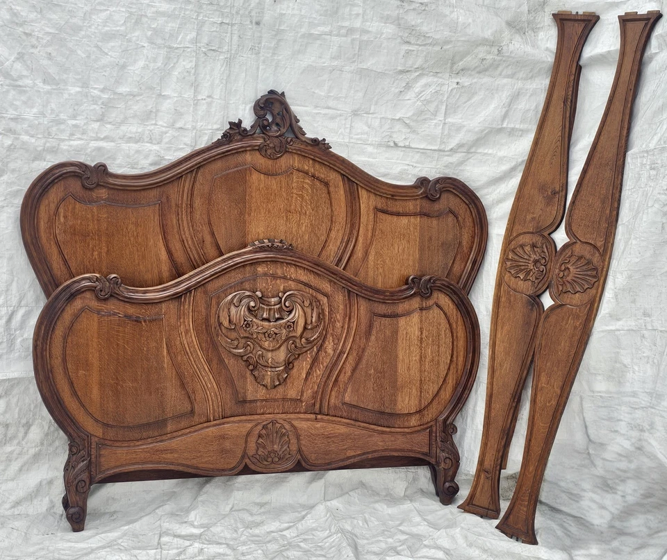 Antigua cama francesa Luis XV rococó tallada roble cama Queen/King marco adaptable años 1900 Foto 3 de 4