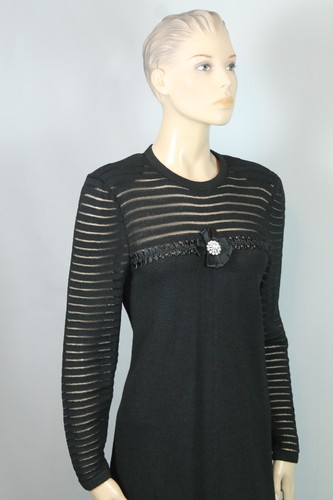Vtg ADOLFO NY Black Santana Knit Sheer Stripe Dress w/ Jeweled Flower Pin M/L - Picture 5 of 15
