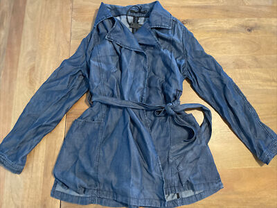 Tahari Jacket Womens Small Belted Tunic Dark Blue Tencel Open Front Long Sleeve