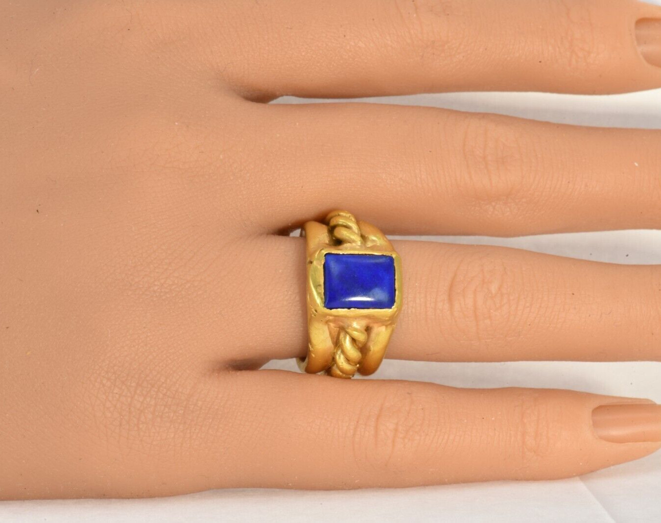 22k Solid Gold Handmade Rectangle Lapis Heavy Ring - image 3