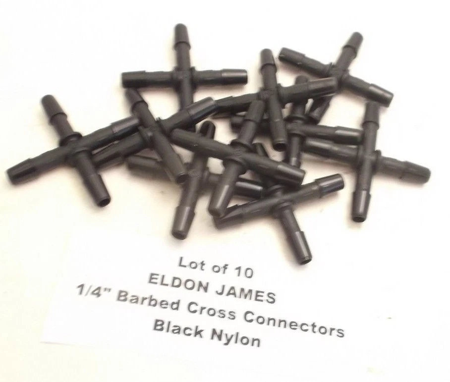 Lot of 10 ELDON JAMES 1/4" Barbed Cross Connectors - Black Nylon - (X0-4BN)  - Image 3 of 3