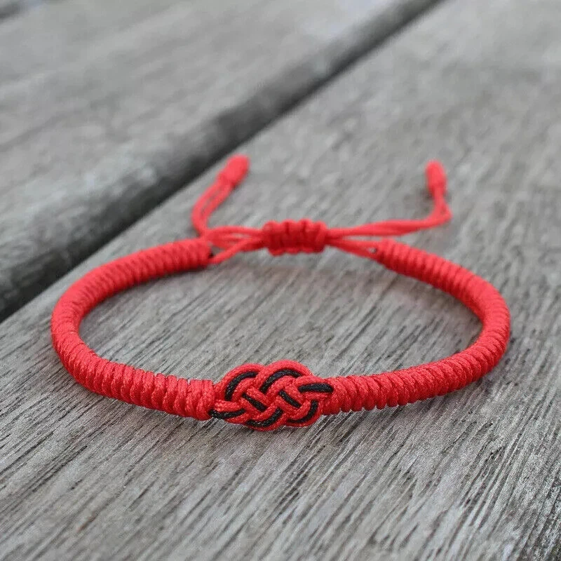 Pulsera trenzada de cuerda roja negra 2 piezas con nudos de amante para pareja suerte fortuna Foto 4 de 4