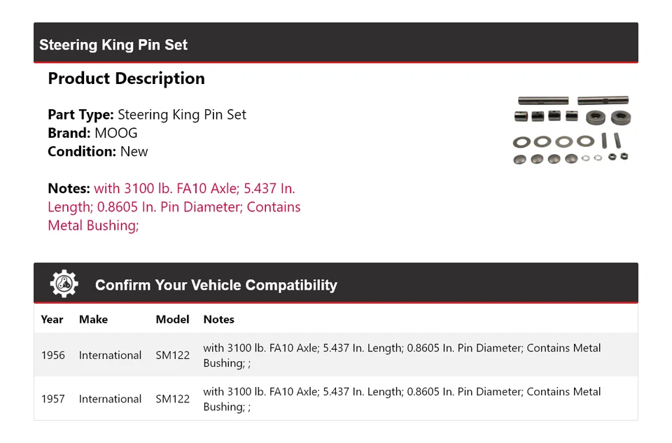 Juego de pasadores de dirección King MOOG International SM122 1956-1957 Foto 2 de 4