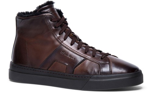 SANTONI Double Buckle $820 Brown Leather High Top Sneakers New & Authentic