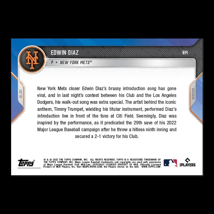 2022 Topps Now #814 Edwin Diaz Mets (PR-984) - Image 2 of 2