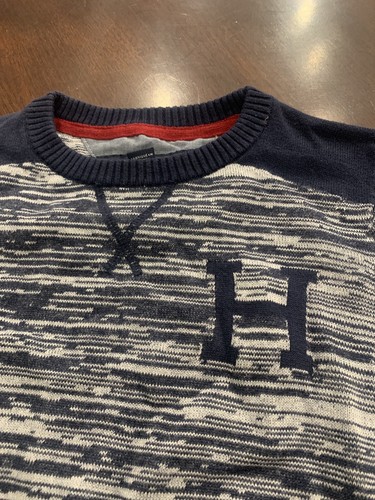 Tommy Hilfiger Youth Size 7 Pullover Sweater Gray Blue Stripe - Picture 2 of 6