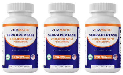 High Potency Serrapeptase 240,000 SPU 3X120 Veggie Caps Gluten-Free/Vegeterian