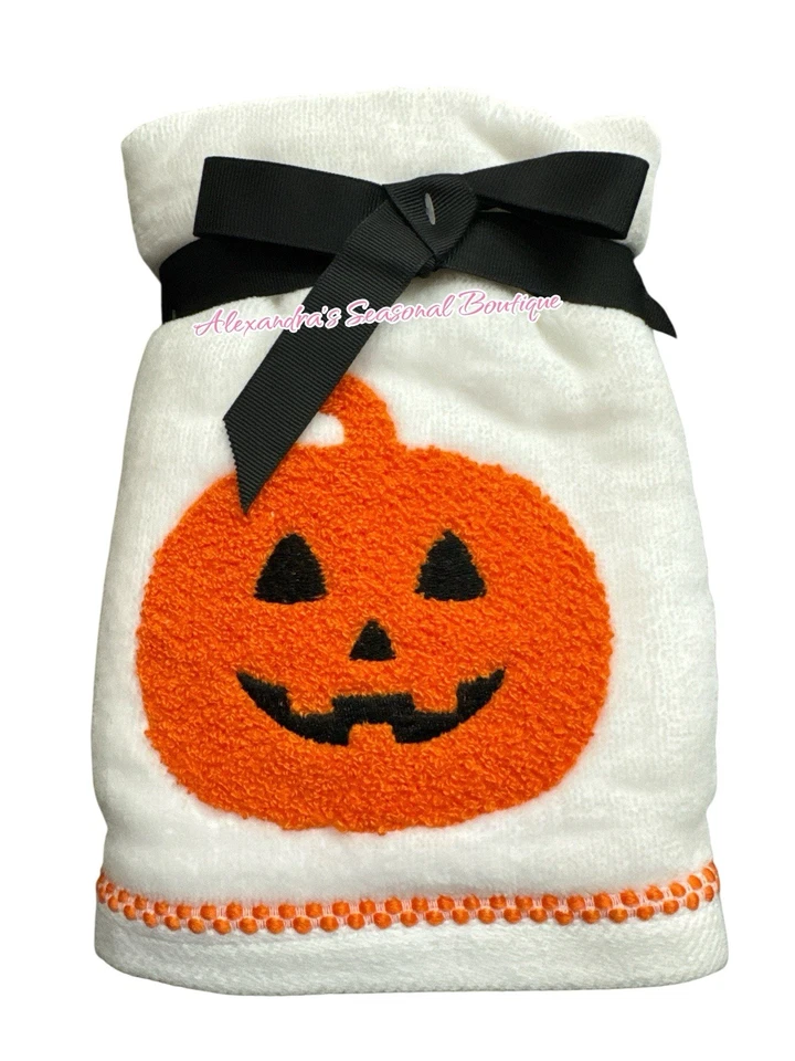 Kassafina Home Set Of 2 Halloween Fall Hand Towels Smiling Pumpkin 100% Cotton - Image 4 of 4
