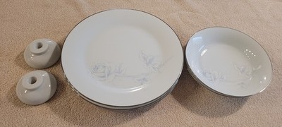 Vtg. Noritake Virtue 2934  4 Dinner Plates 2 Soup Bowls & Candle Holders EUC!