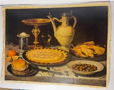 Vintage Canvas Oleographic Reproduccion Print " Banquet" Museo del Prado