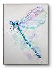 Neu Original signiertes Aquarell Gemälde signiert von Elle Smith Kunst einer Libelle