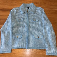 Talbots Womens Light Blue Metallic Tweed Zip Front Blazer Jacket Size LP