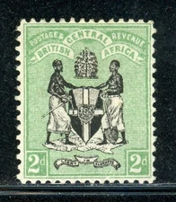 BRITISH CENTRAL AFRICA 33 SG33 MH 1896 2p grn Coat of Arms Wmk Crown CA CV$24