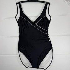 Black One Piece Swimsuit Vintage Y2K Retro Size 12 White Contrast Button LASCANA
