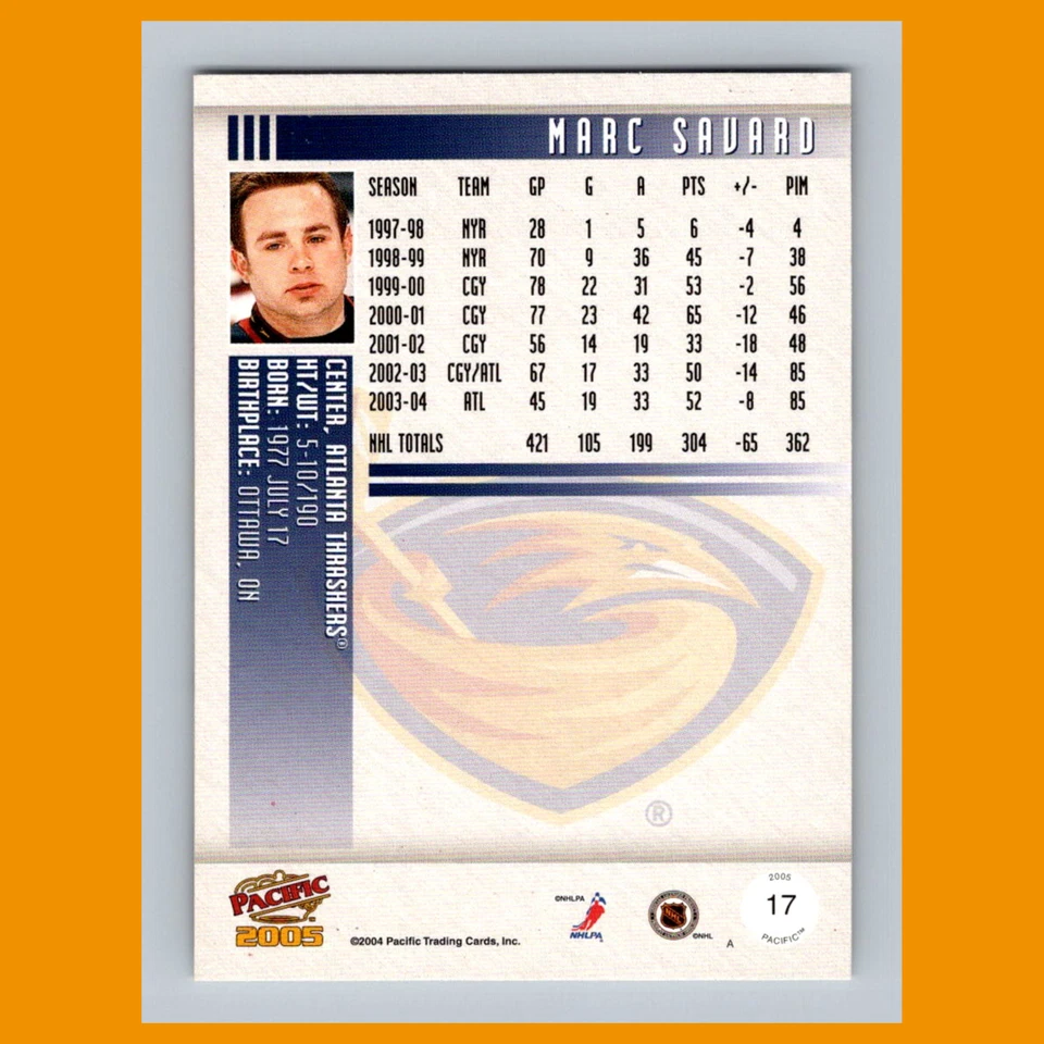 Marc Savard #17 2004-05 Pacific Red Atlanta Thrashers Hockey Card NHL - Image 2 of 3