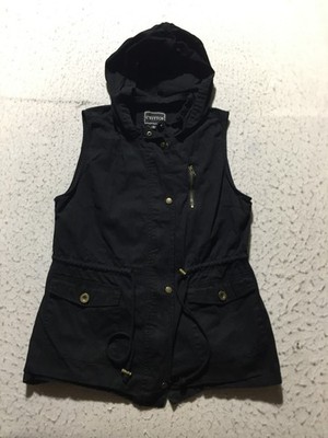 C'Est Toi Hooded Vest Womens L Large Black Full Zip Flap Snap Pockets