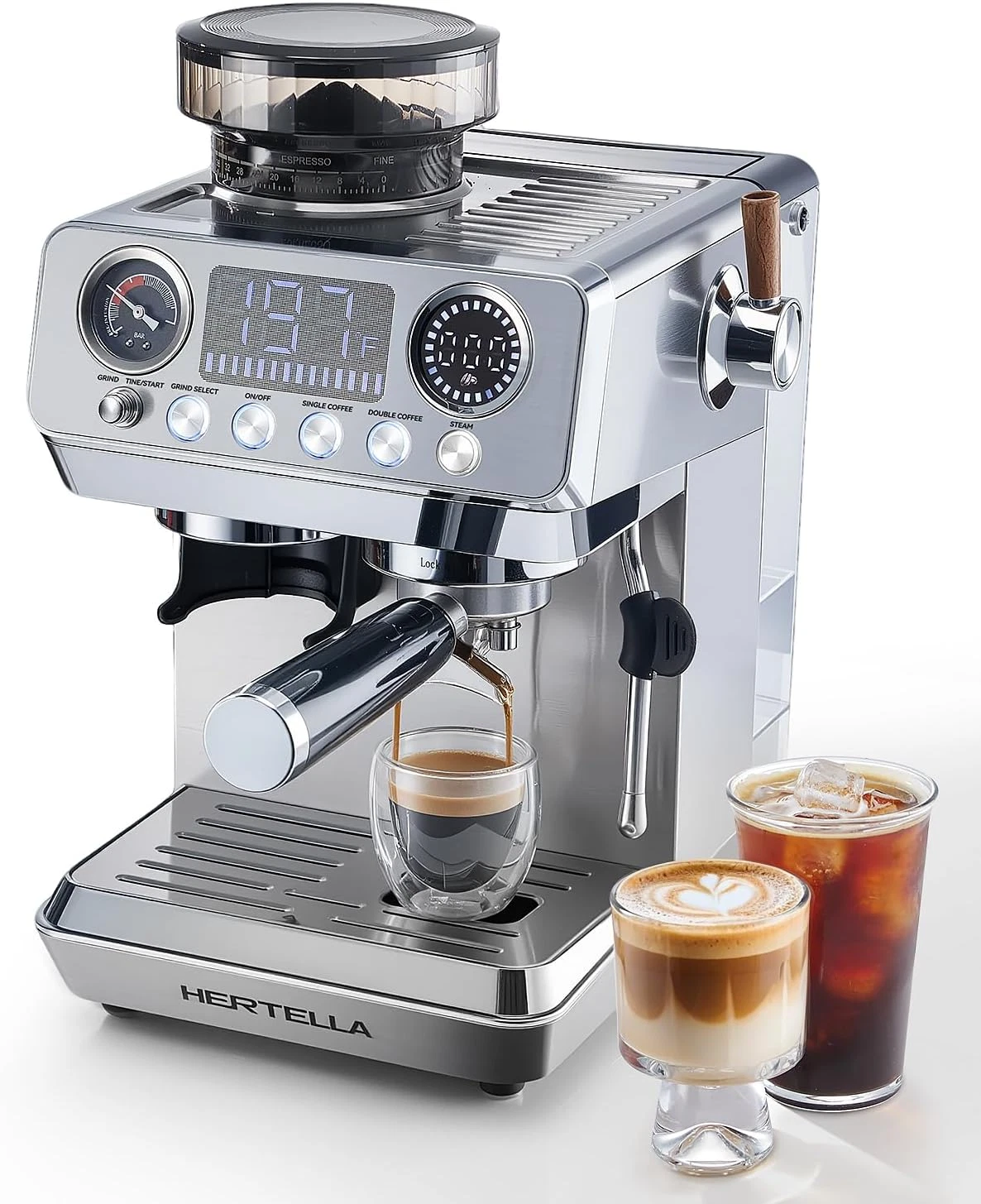 Espresso Machine with Burr Grinder, 20 Bar Pressure Gauge, Milk Frother