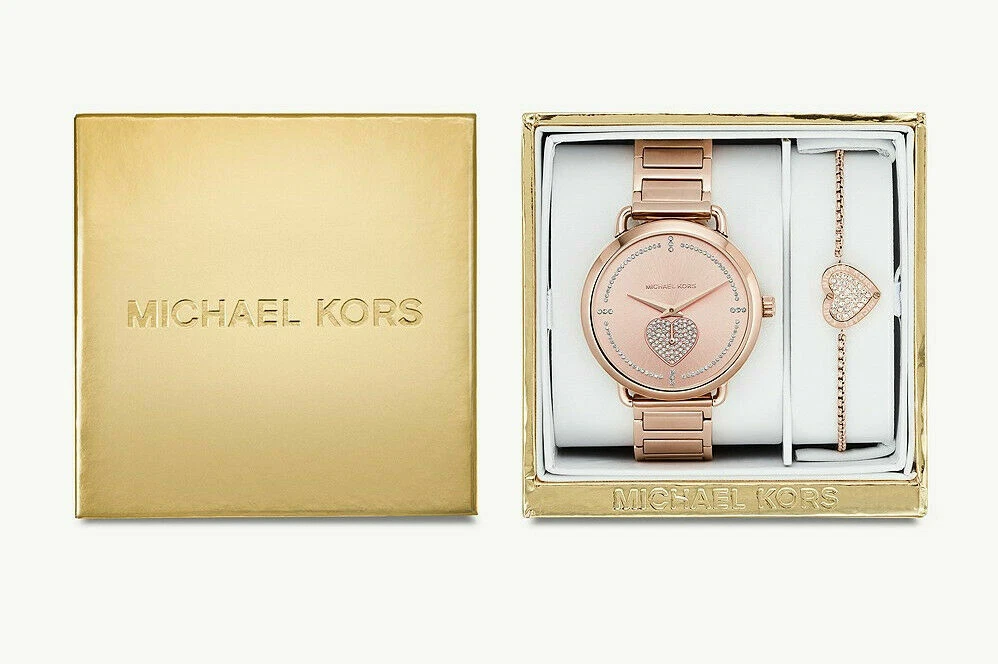 Michael Kors MK4468 Women s Portia Rose Gold Tone Heart Watch Bracelet Gift Set