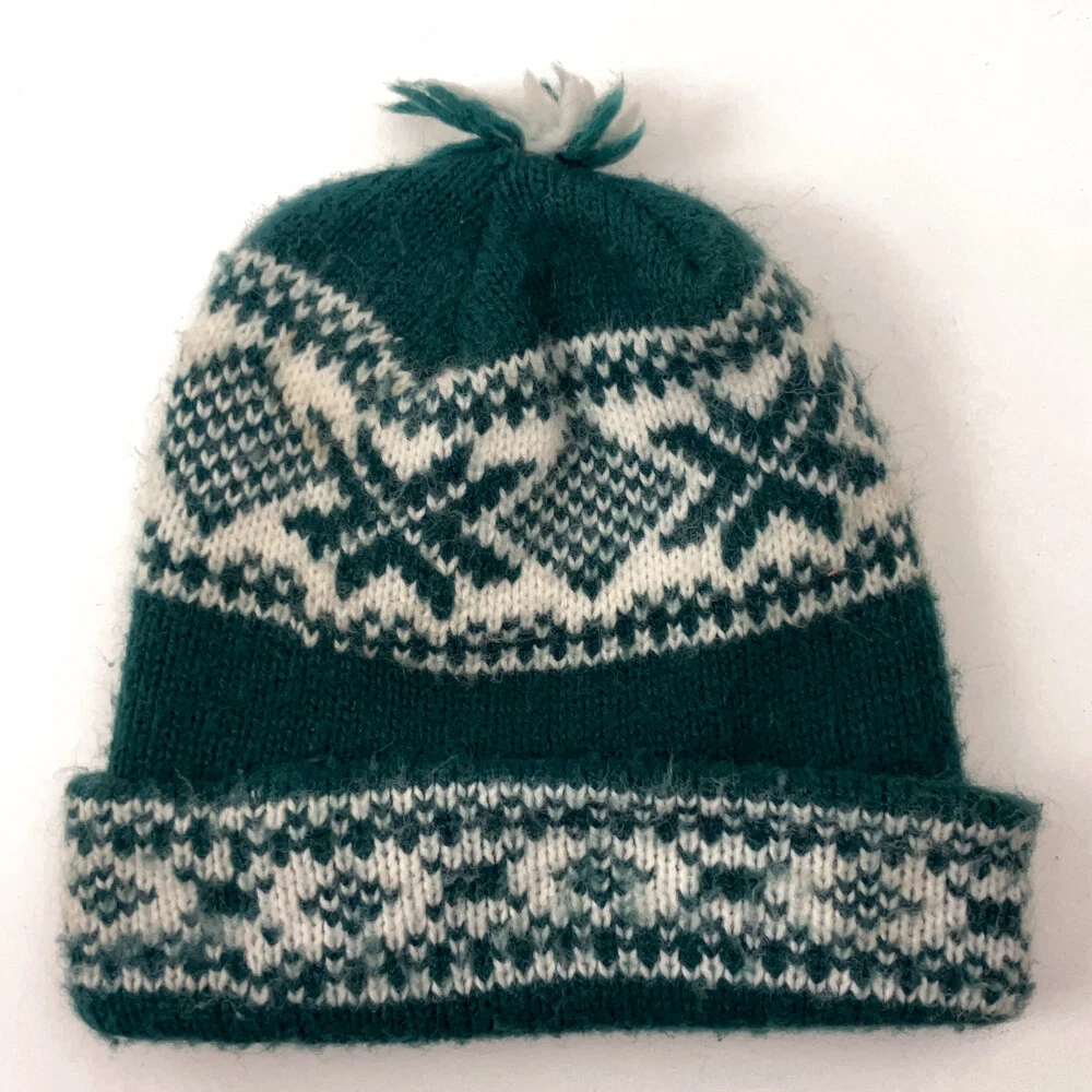 Retro Green White Pattern Winter Machine Knit cuff hat