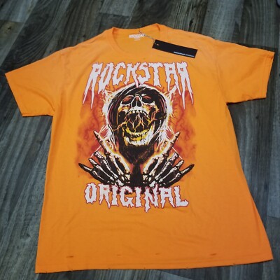 Rockstar Original T-Shirt Skull/Flames USA Mens Large Orange New With Tags