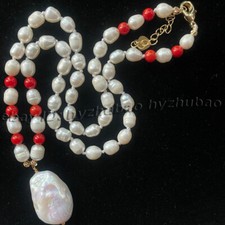 Natural 5-6mm White Pearl & Red Coral & Baroque Keshi Pearl Pendant Necklace 18