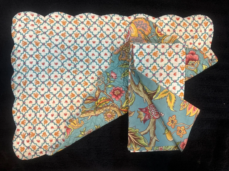 Servietten, gesteppte Tischsets blau gold Boho wendbar 8 Stück