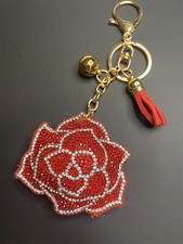 Bling Red Rose Flower bag Charm keychain fob tassel Clip on purse new