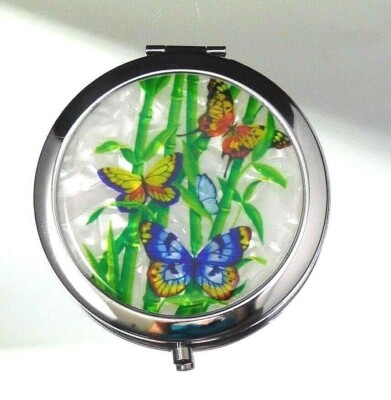 Butterfly Vanity Compact  Mirror Two Sided With Bamboo Silver Tone Magnifying
