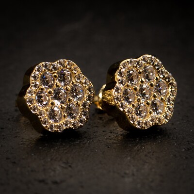 Men's Cluster Gold Plated Sterling Silver Iced Cz Pointer Flower Set Cz Earrings