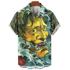 Japanese Samurai Devil Ghost Mask Print Men's HAWAIIAN Button Up Shirt Lapel Top