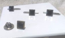 Small Black Stone Cufflinks Tie Pin Set Silver Frame Great Vintage Condition