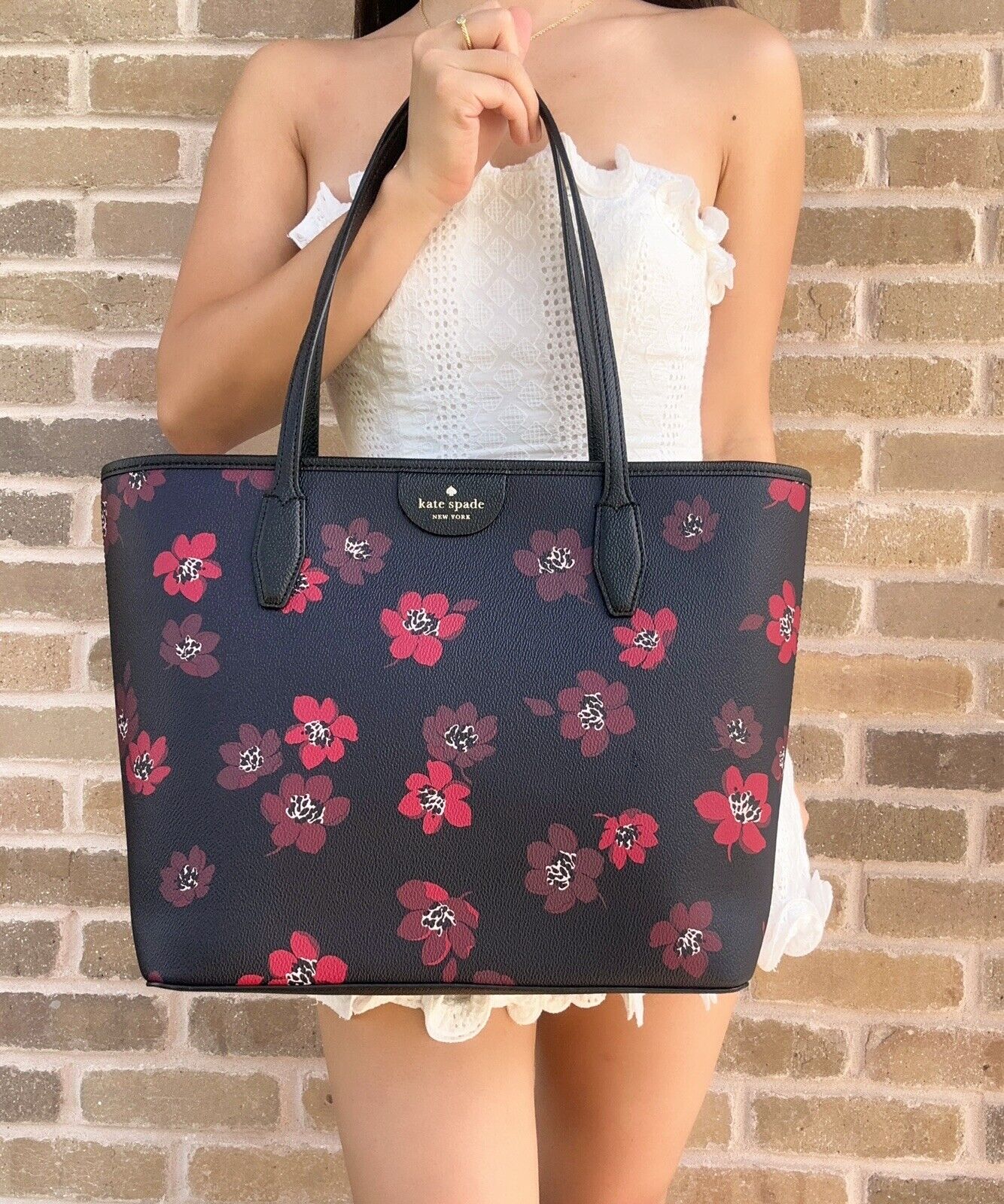 Kate spade brynn dancing blooms black multi red floral saffiano tote bow  dangle