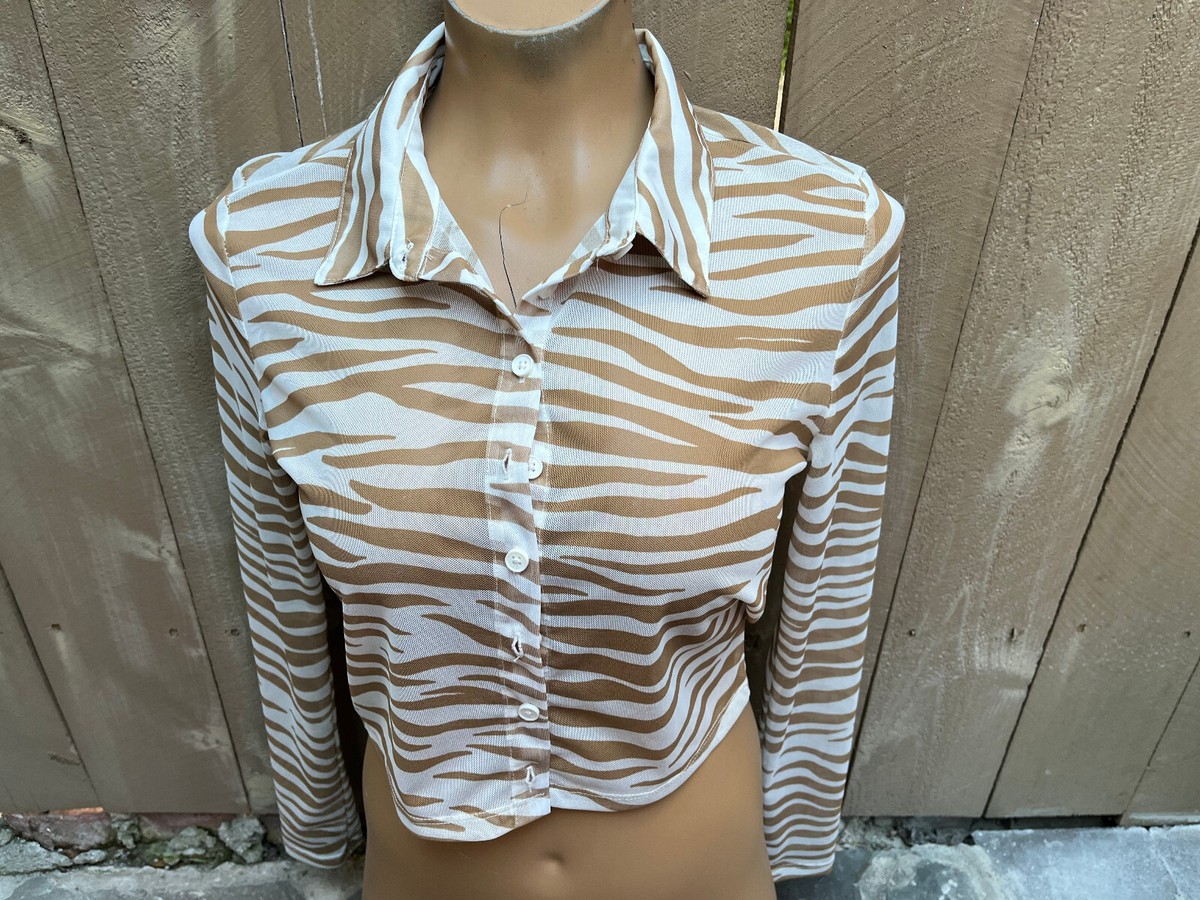 Forever 21 Cream Tan Collared Striped Long Sleeve Crop Top Shirt Women's  S NEW