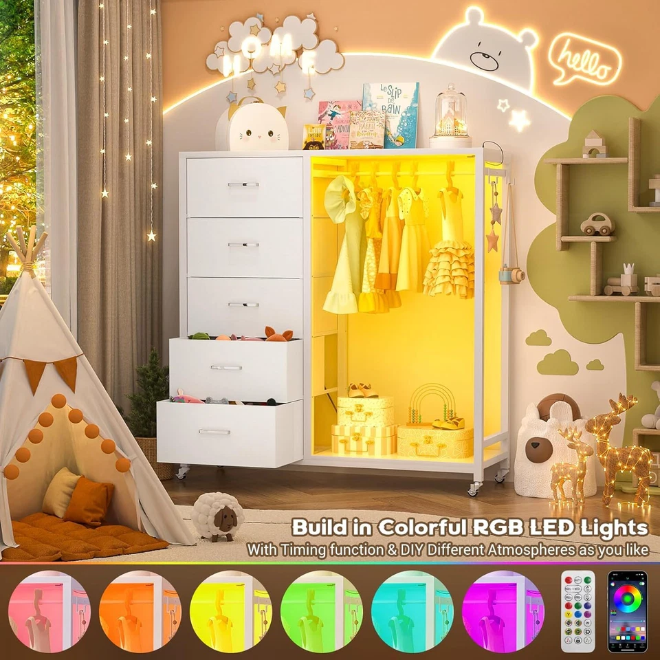 Cajonera con Perchero y Tomas de corriente y Luz LED,5 Cajones Cómoda Foto 2 de 4